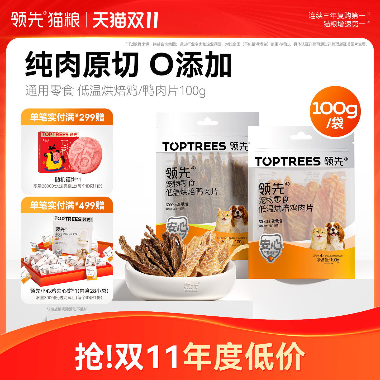 领先烘焙鸡肉鸭肉片零食肉干狗狗猫咪通用宠物犬磨牙棒训练100g