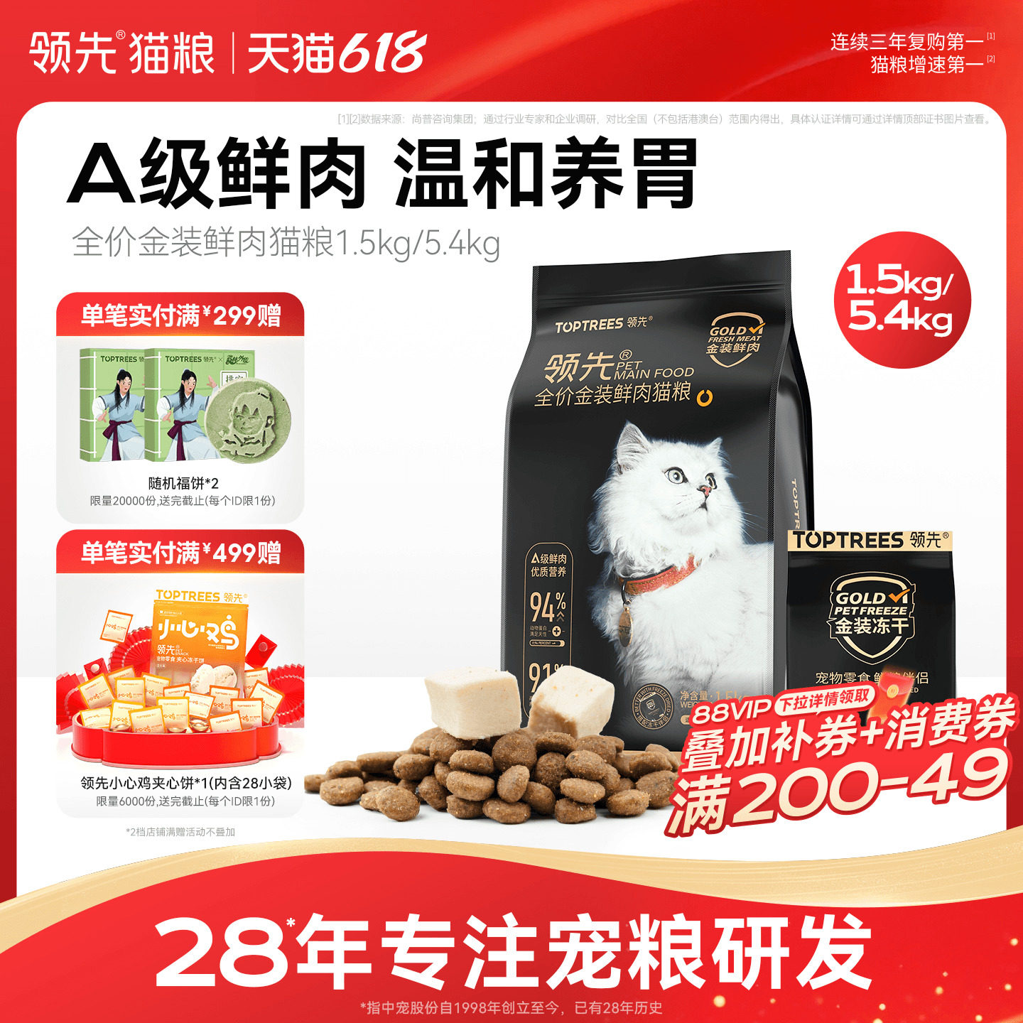 领先冻干鲜肉猫粮养胃粮成猫幼猫鸡肉鱼肉全价营养通用猫粮1.5kg