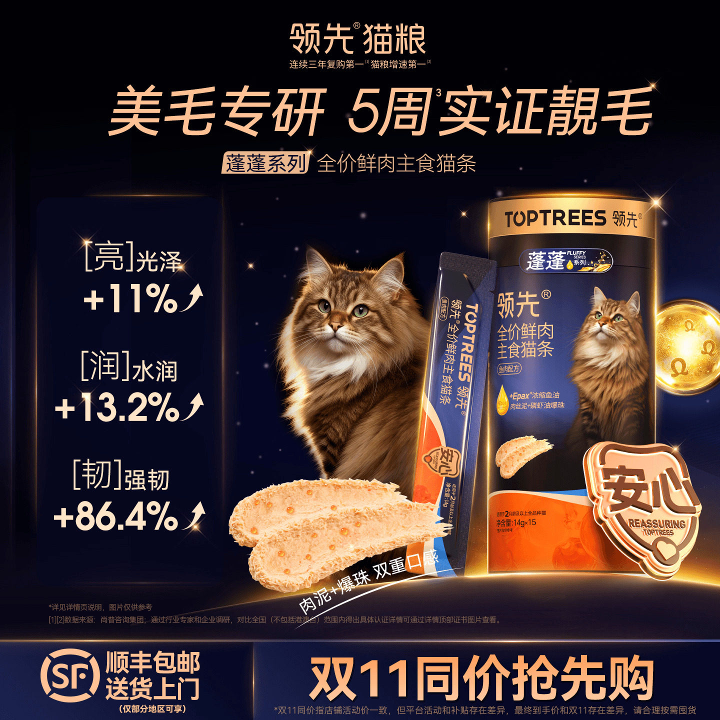 【蓬蓬主食猫条】领先主食猫条鱼油美毛营养宠物蓬蓬袋成幼猫零食