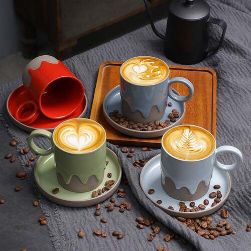 流釉咖啡杯碟套装复古粗陶拿铁杯家用创意陶瓷马克杯水杯中古杯子