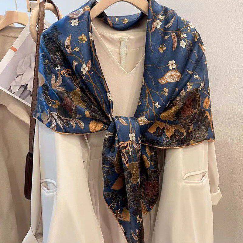 雀上枝头墨绿缎面丝巾真丝女春秋季桑蚕丝围巾披肩两用百搭大方巾