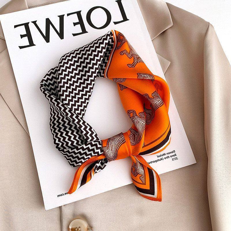 千鸟格拼橘色真丝桑蚕丝小方巾丝巾女时尚春秋款薄围巾纱巾洋气