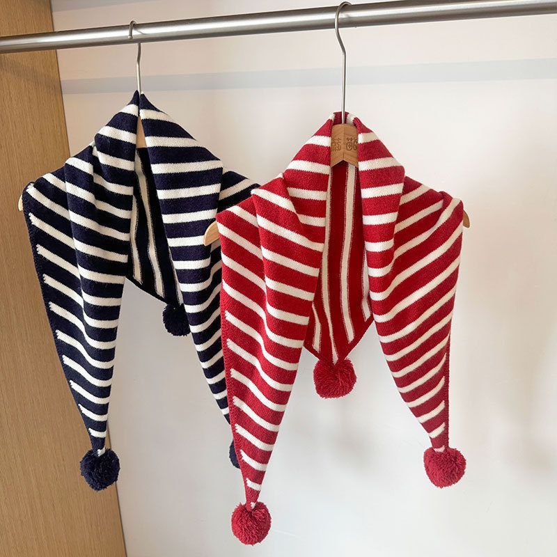 秋冬新款日系球球条纹三角围巾