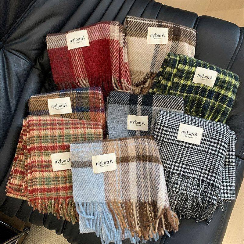 英伦百搭羊毛混纺格子围巾女冬季红绿条纹外搭披肩高级感保暖围脖