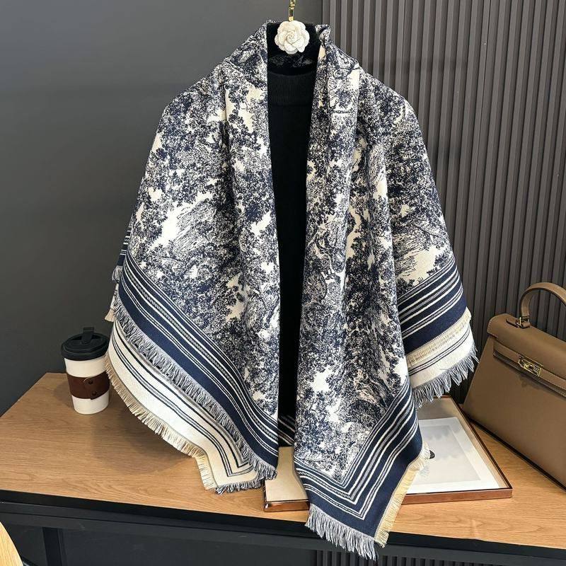 时尚秋冬季新款仿羊绒围巾大方巾女加厚流苏大尺寸披肩山水画图案