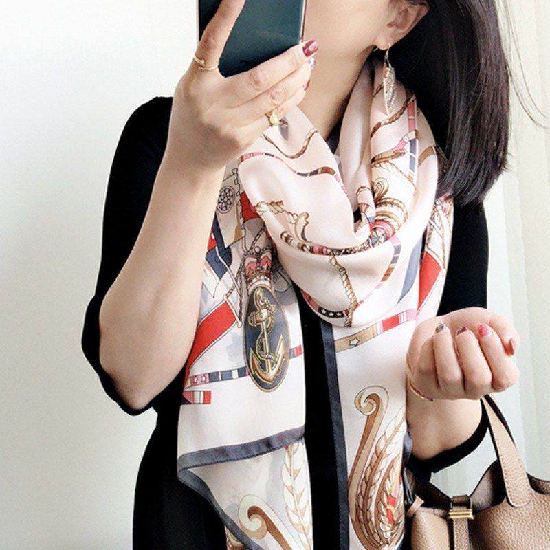 航海风欧美风格气质真丝丝巾女缎面桑蚕丝长款围巾毛线披肩