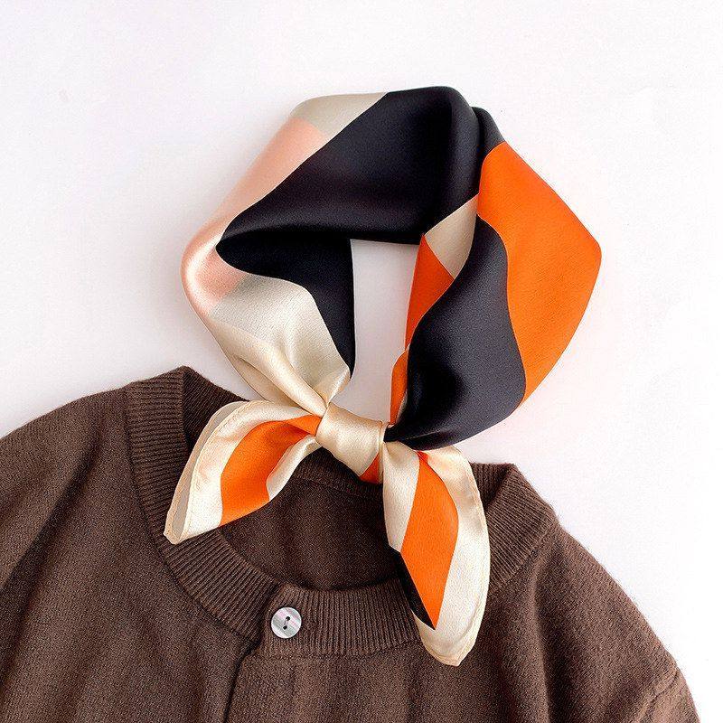 桔色真丝丝巾小方巾女桑蚕丝围巾冬季时尚韩国小领巾保暖装饰