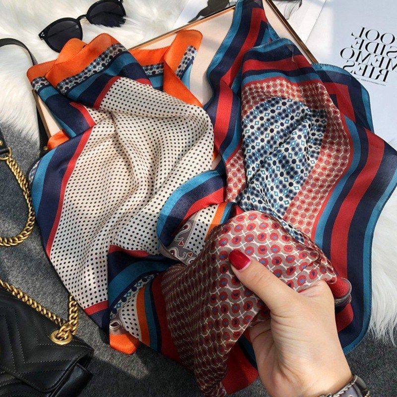 富有层次感真丝围巾女春秋季百搭波点腰果拼接长款桑蚕丝丝巾披肩