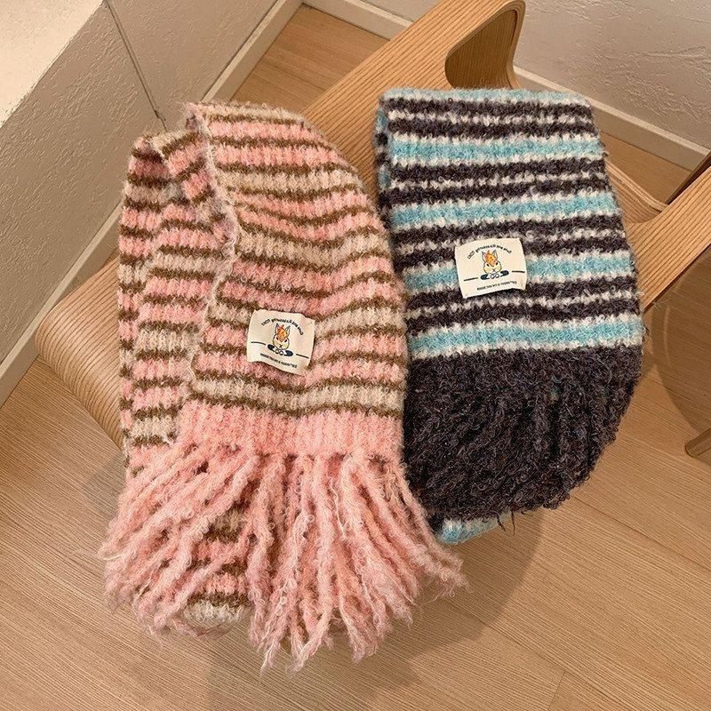 秋冬季韩版撞色毛线针织围巾女羊毛软糯舒适流苏条纹保暖围脖披肩