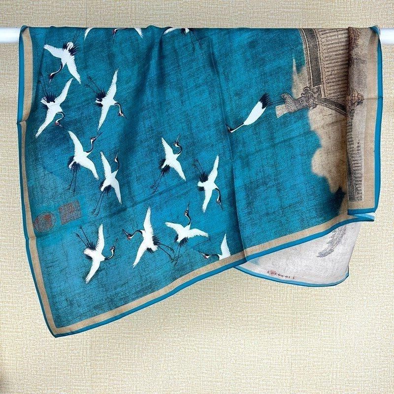 瑞鹤图100桑蚕丝丝巾蓝色围巾90