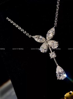 QIANYI仟意珠宝 【蝴蝶系列】白富美蝴蝶水滴s925银镶高碳钻项链