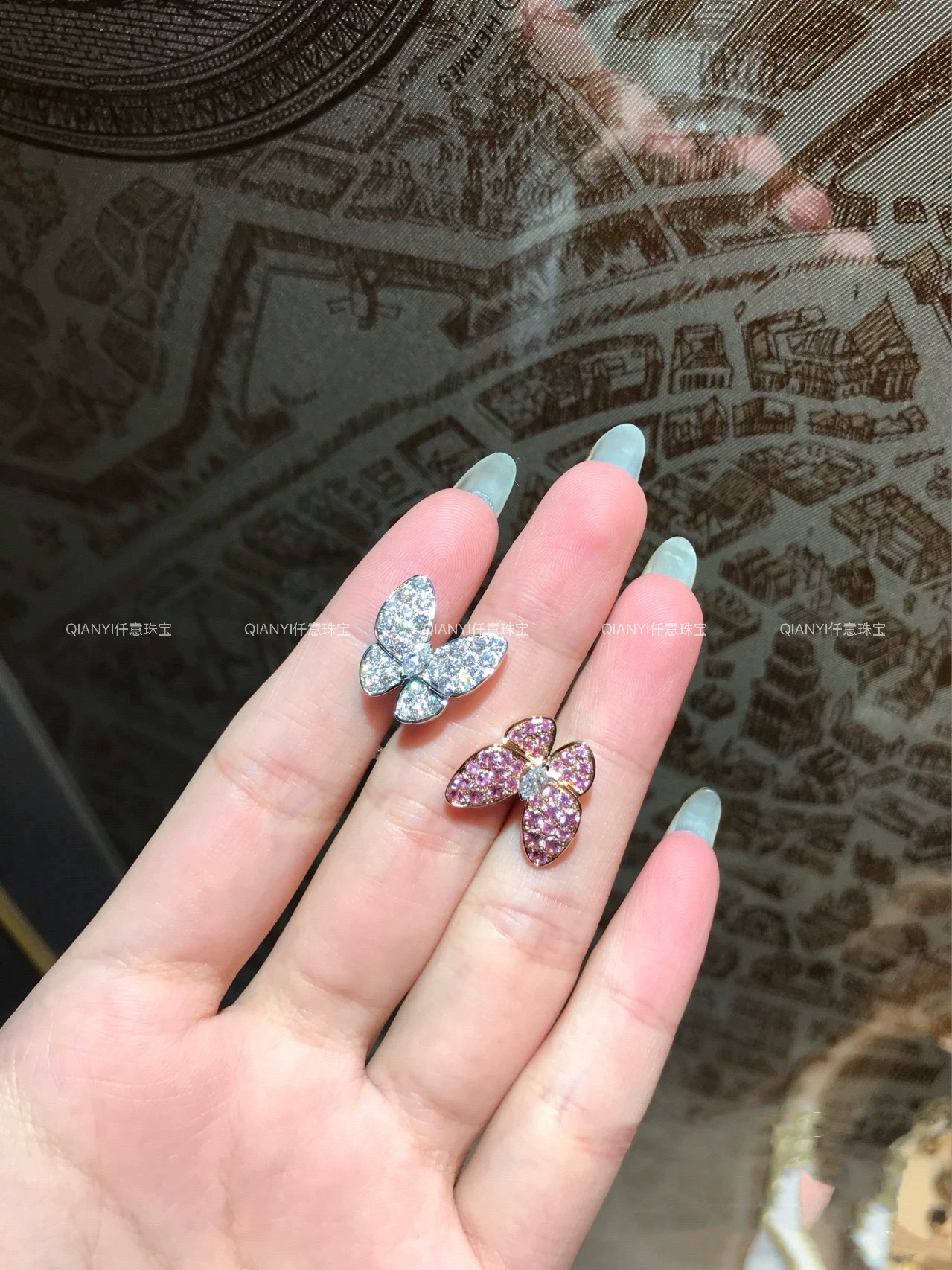 QIANYI仟意【轻奢系列】白富美925纯银镀18K金镶钻双蝴蝶粉钻戒指