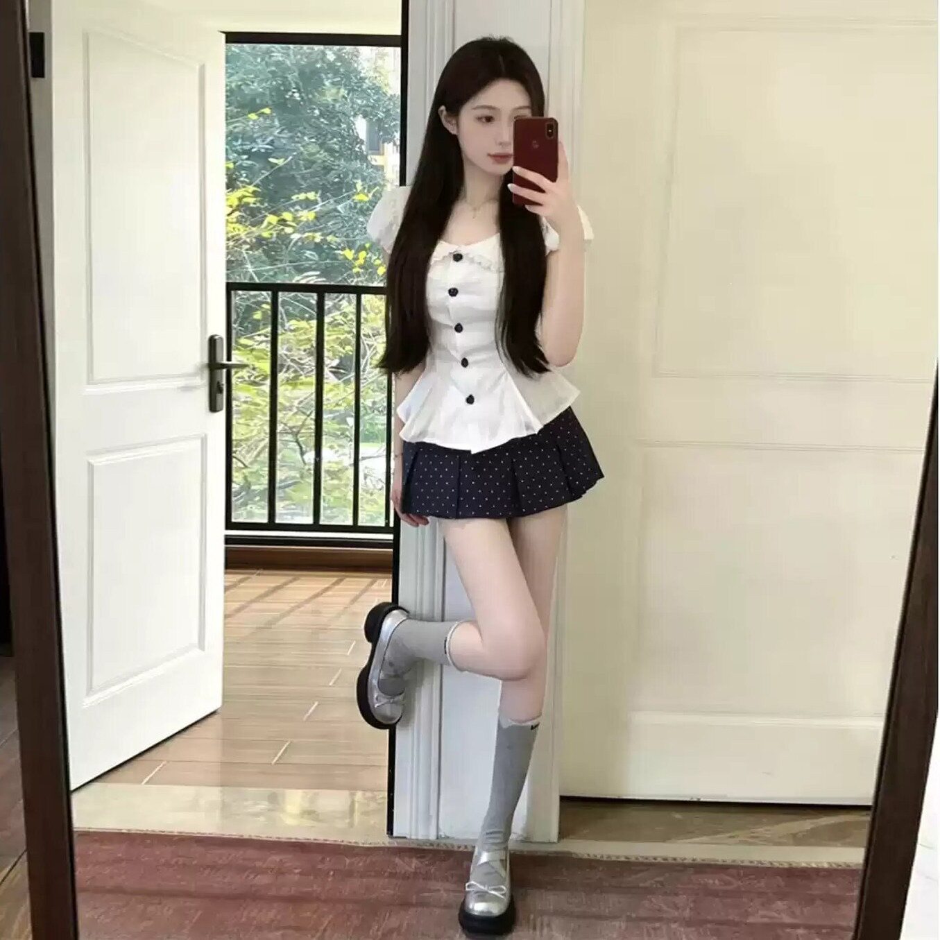 韩系甜妹夏季白衬衫波点裙套装