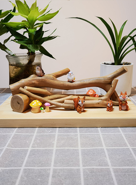 原木小树枝仿真小动物摆件