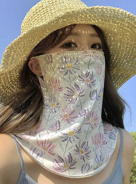 新款小碎花夏季防晒面罩全脸防紫外线女薄款遮脸面纱口罩护颈脖子