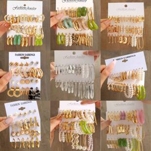 夸张金属耳钉麻花耳环多对组合亚克力耳圈多件套装金色几何耳饰