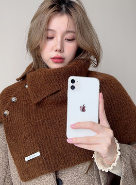 含韩版开叉高领毛线披肩女秋冬外搭针织套头脖套百搭保暖围