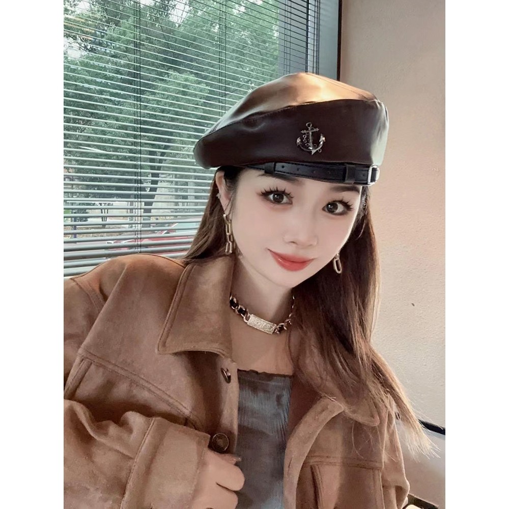 秋冬季英伦风皮带船锚贝雷帽女复古时尚画家帽甜酷风PU皮经典百搭