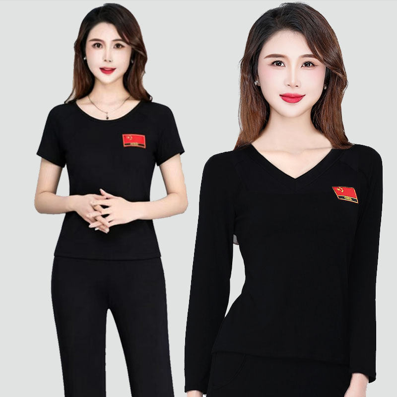 新款广场舞服装短袖莫代尔黑上衣夏季跳舞服装长袖练习服装舞蹈服