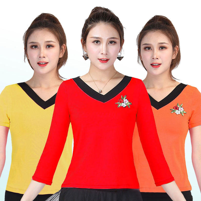 新款广场舞服装莫代尔七分袖上衣跳舞绣花中年演出短袖练习舞蹈衣