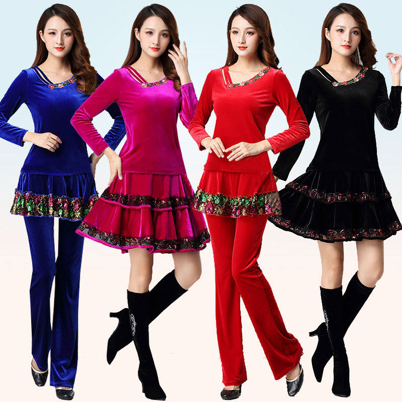 新款金丝绒广场舞服装绣花长袖舞蹈衣服跳舞裙成人表演舞蹈服套装,运动/瑜伽/健身/球迷用品,广场舞套装,淘宝优惠券,粉丝福利购,淘宝优惠卷