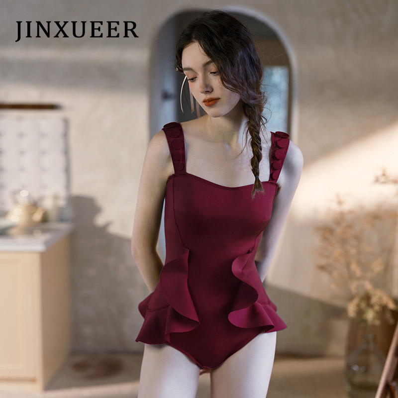 JINXUEER金雪儿连体游泳衣女荷叶花边小清新黑色三角聚拢时尚装