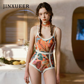JINXUEER金雪儿新款 遮肚显瘦INS风双面穿泳衣女 连体三角印花数码