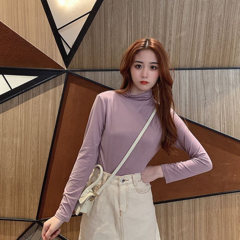 半高领打底衫女2020新款春秋冬季内搭薄款t恤长袖修身百搭堆堆领