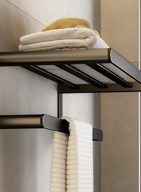 加厚毛巾架卫生间免打孔黑色太空铝浴巾置物架浴室毛巾杆卫浴套装