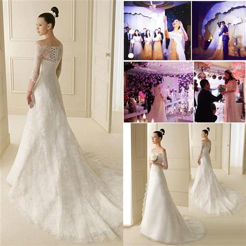 Wedding dress, Korean style, A-line, plus size, mid-length, long sleeve