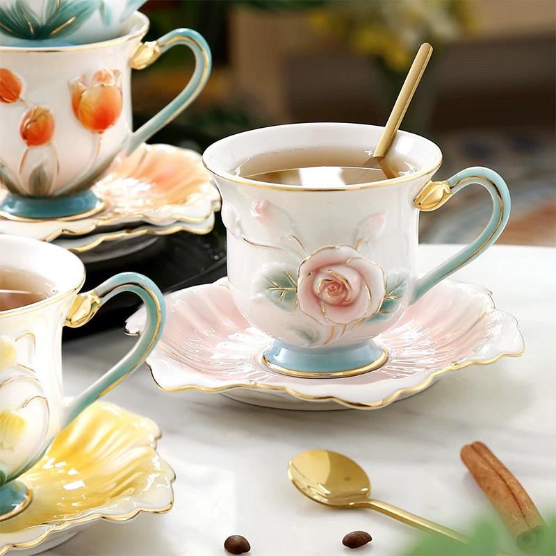 陶瓷咖啡杯碟套装浮雕手绘异形咖啡杯子家用下午茶勺花茶杯子礼物