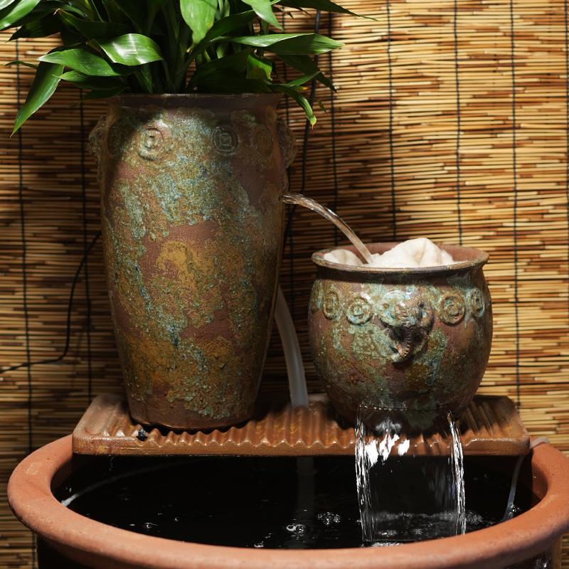 流水罐摆件瀑布室内客厅摆件无孔水培陶罐循环水泵古法鱼缸过滤器