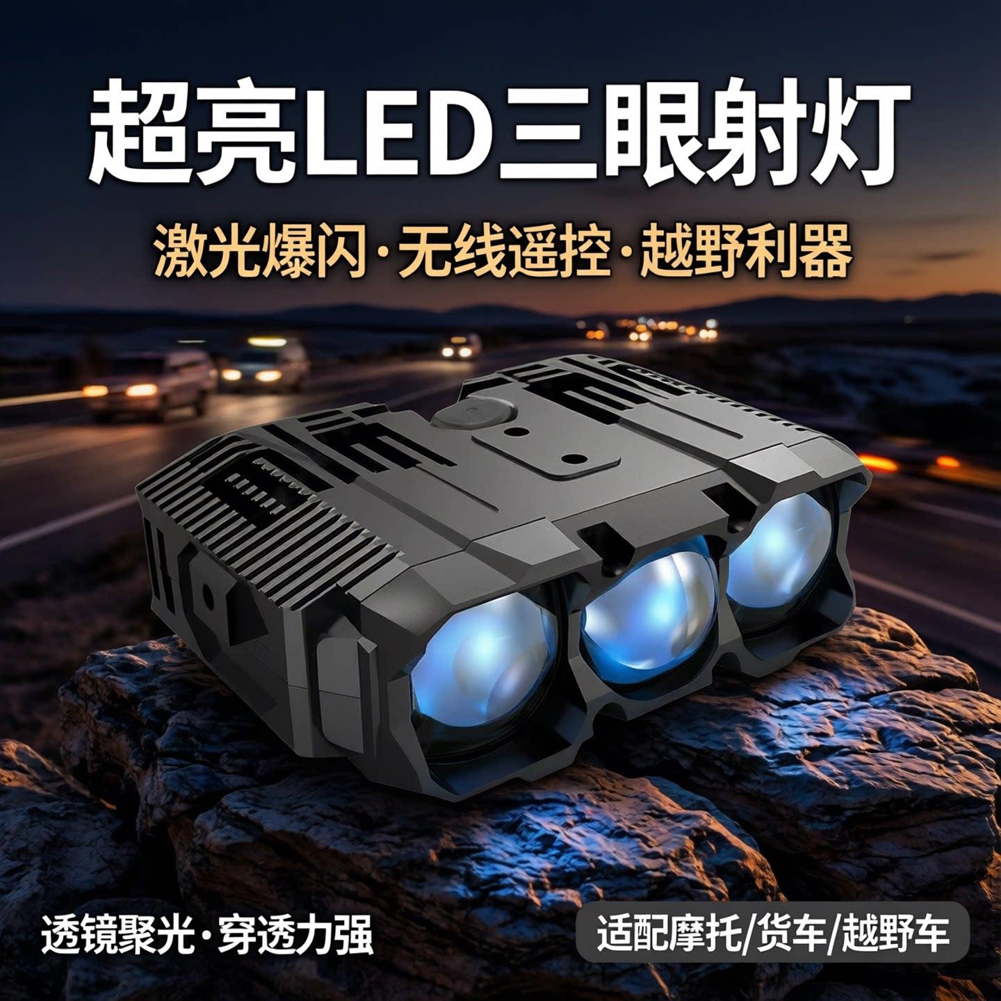 汽车中网超亮射灯LED双光三眼透镜摩托货车激光无线遥控爆闪越野