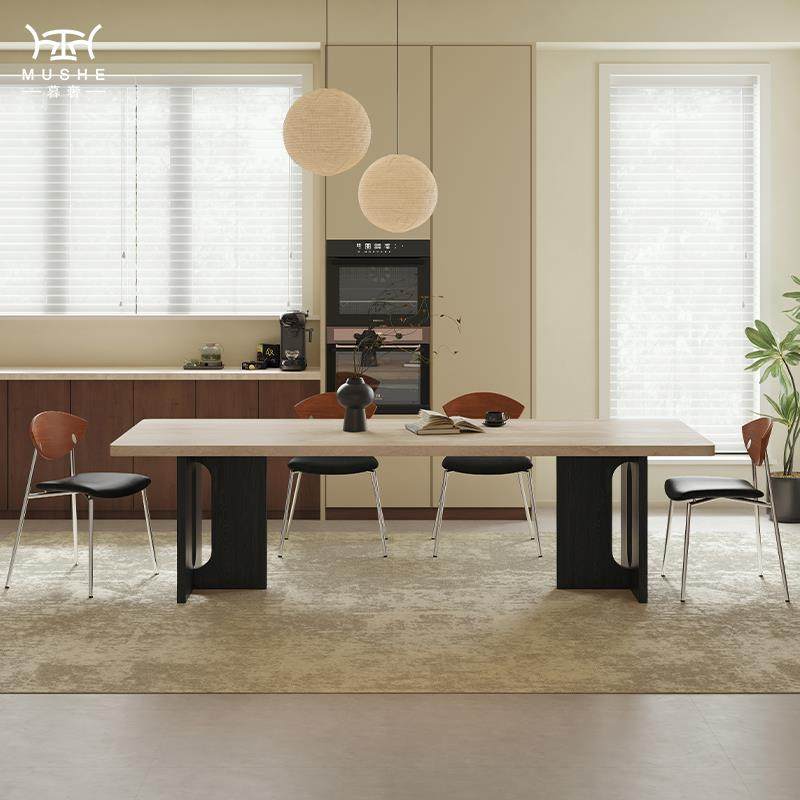 暮奢北欧实木洞石岩板餐桌椅组合家用长方形下挂吃饭桌子中古风
