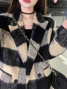 格纹套装双面羊绒外套女式秋冬短款覆古宽松高端小款羊绒外套潮流