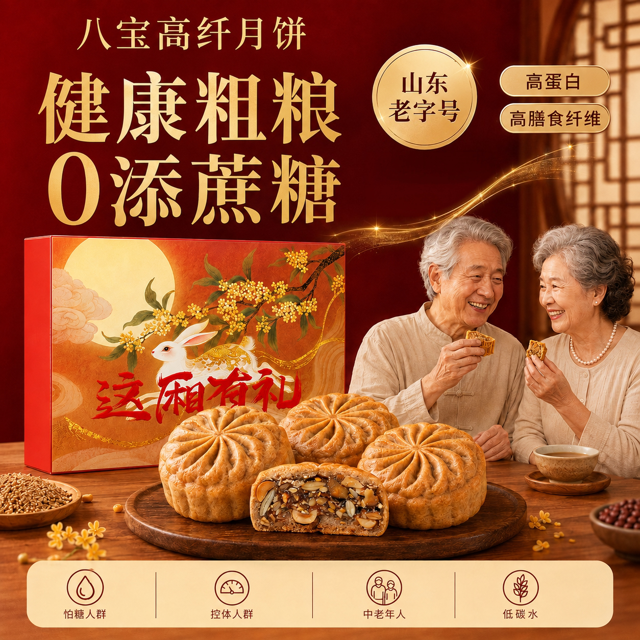 康泉八宝高纤月饼中秋礼盒青稞传统手工糕点心送礼品中老年无蔗糖