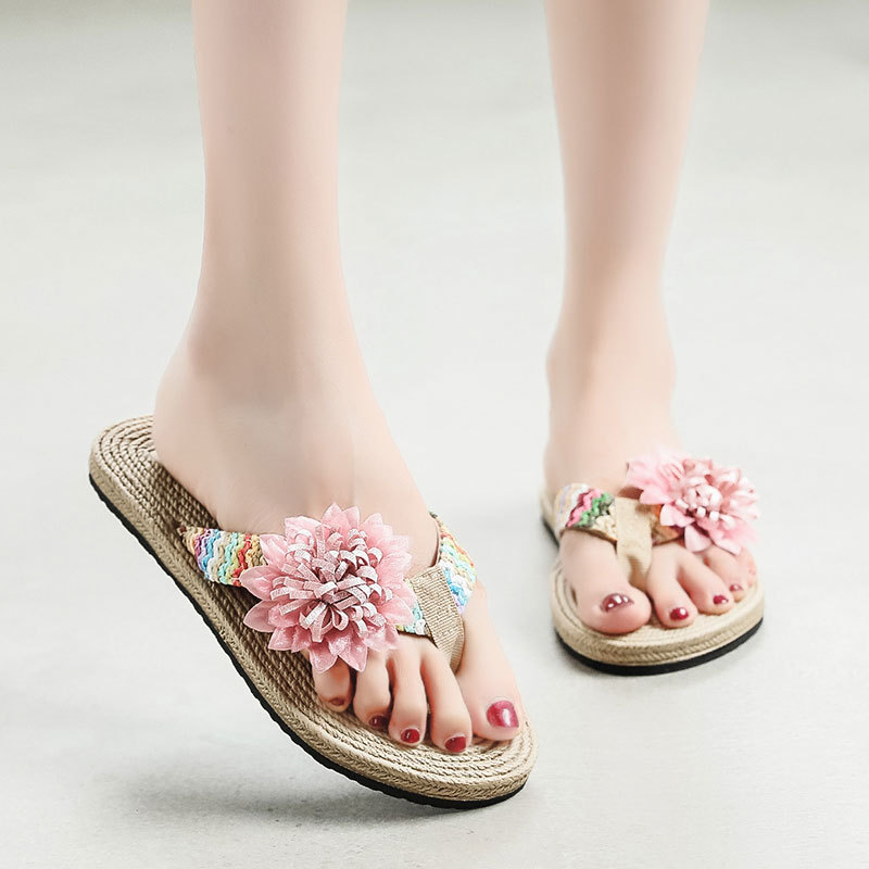 人字拖女夏时尚PP草编织拖鞋外穿海边防滑夹脚潮流花朵韩版沙滩鞋