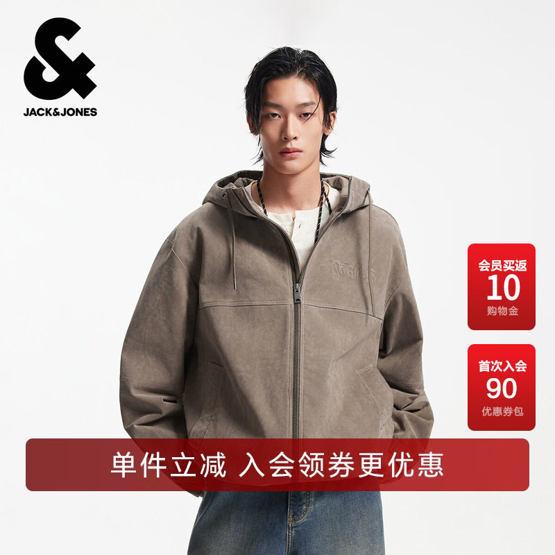 杰克琼斯男装春季夹克外套抽绳连帽字母钢印皮衣经典百搭外套宽松