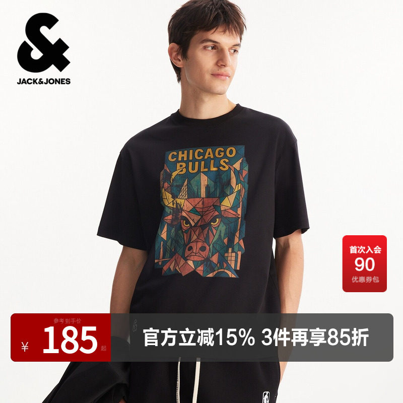 【NBA联名款公牛队】杰克琼斯男装夏季T恤上衣图案印花简约纯棉
