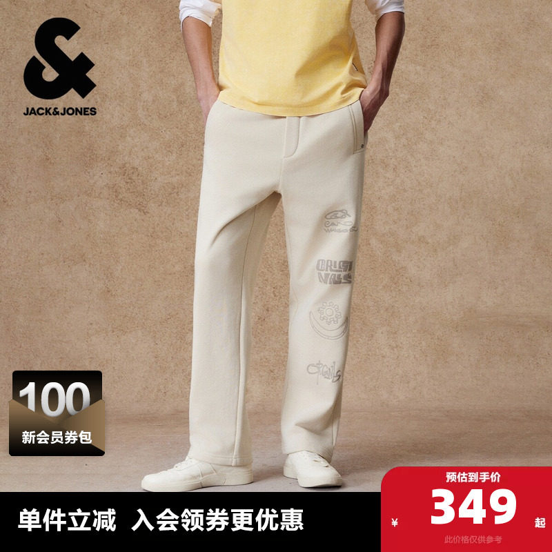 杰克琼斯奥特莱斯男装卫裤春季新款全棉裤身刺绣胶印宽松直筒裤子