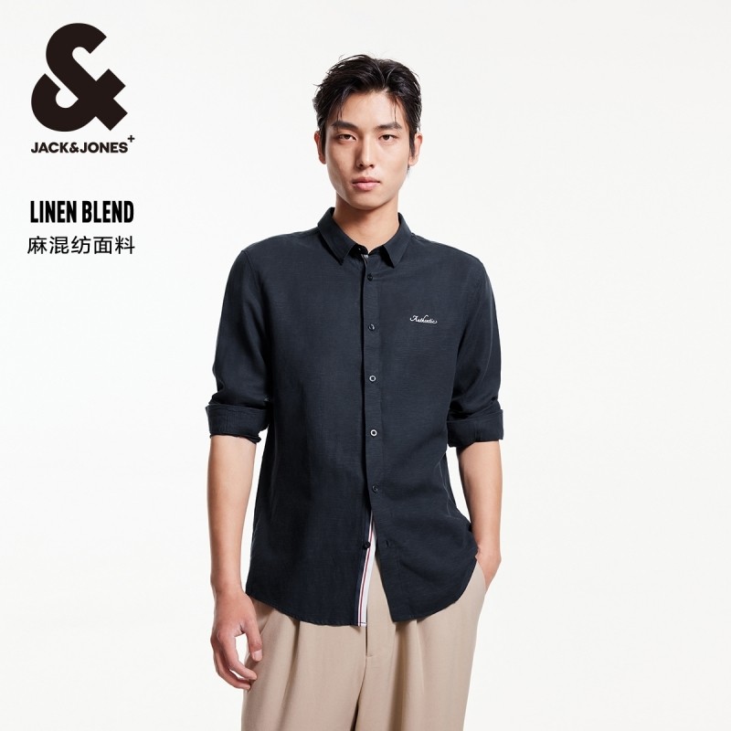 【天丝亚麻】杰克琼斯2025年春季新纯色衬衣刺绣透气长袖衬衫男装