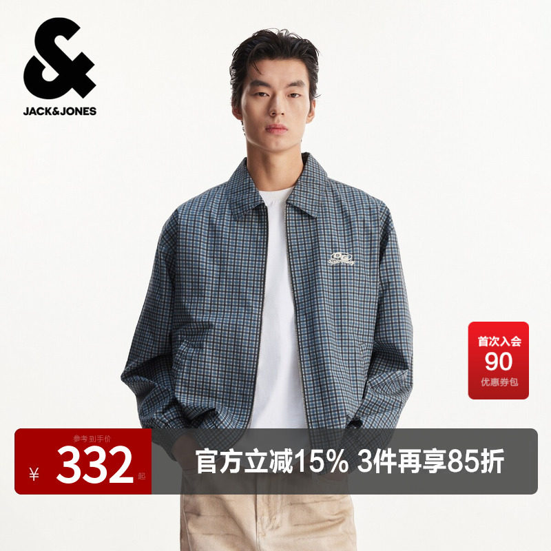 杰克琼斯男装春季夹克外套格纹图案时尚休闲百搭拉链衬衫领宽松