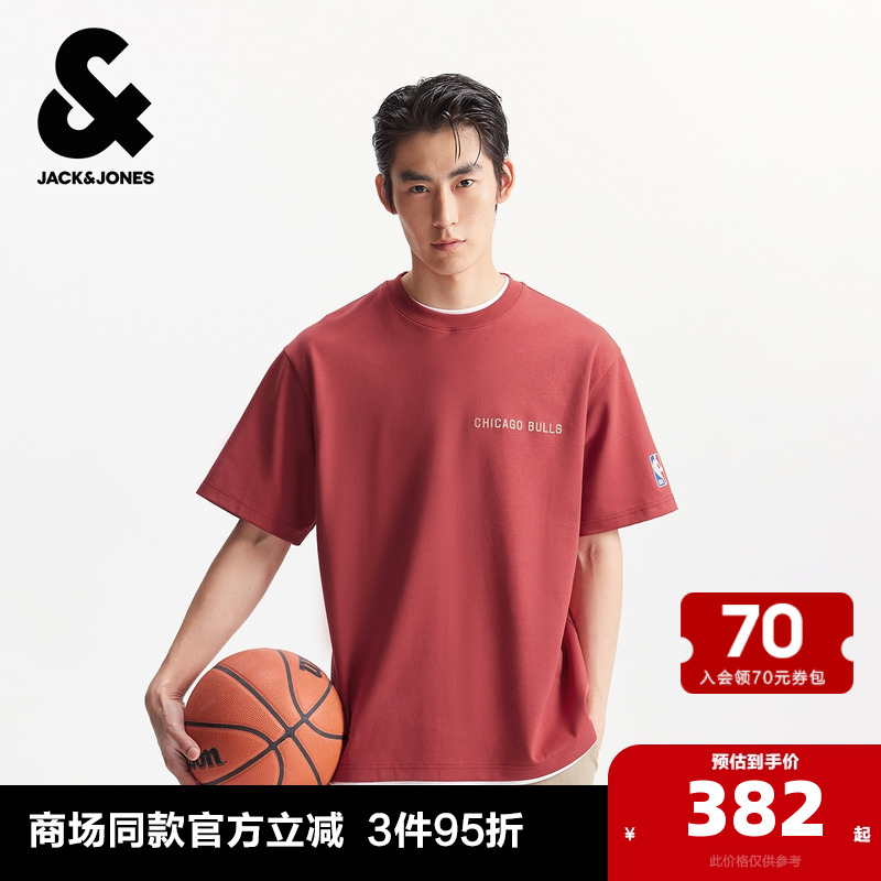 杰克琼斯男装夏季新款NBA联名公牛队潮流百搭运动风圆领短袖T恤