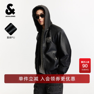 杰克琼斯男装时尚潮通勤百搭美式街头风重磅PU连帽字母棉服男款