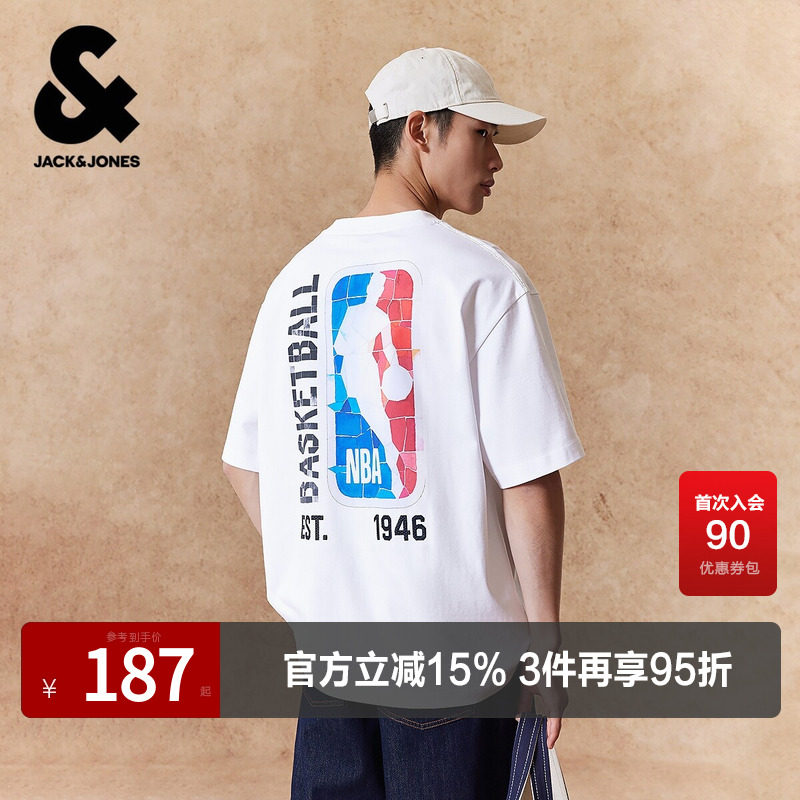 【NBA联名款】杰克琼斯男装夏季T恤高级感百搭胶印印花宽松