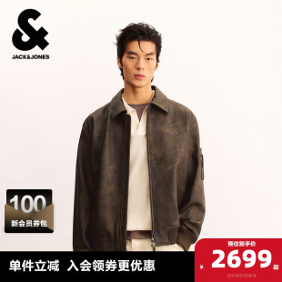 潮流出街百搭字母刺绣翻领宽松真皮夹克外套 新款 杰克琼斯男装 春季