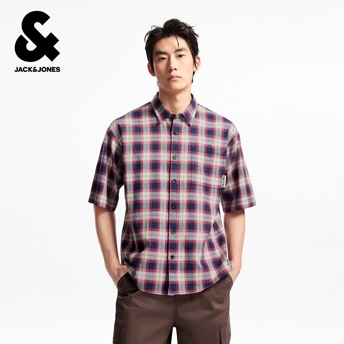 杰克琼斯奥特莱斯男装夏季新款时尚英文刺绣格纹翻领短袖衬衫上衣