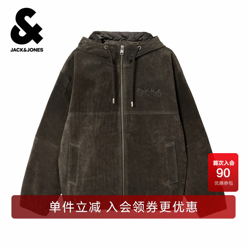 杰克琼斯男装春秋皮衣抽绳连帽纯色简约字母日常百搭长袖上衣外套