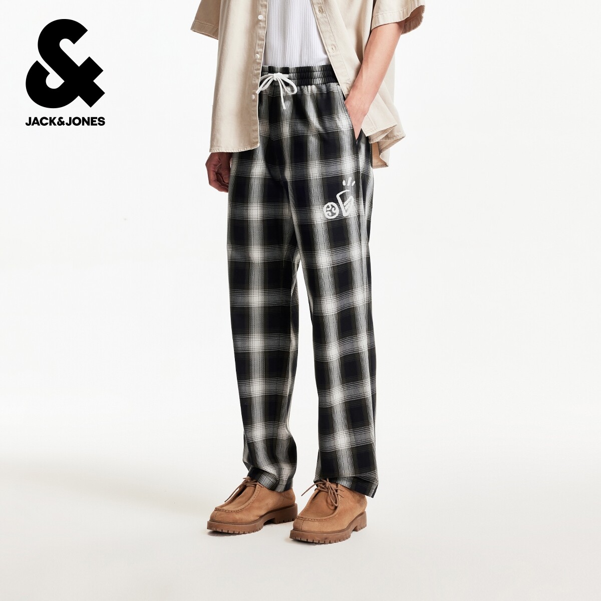 杰克琼斯春秋季时尚潮流宽松双侧插袋格纹设计松紧腰休闲裤子男装