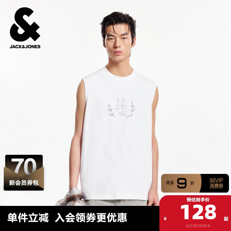 杰克琼斯奥特莱斯男装夏季新款无袖T恤印花宽松休闲全棉圆领上衣